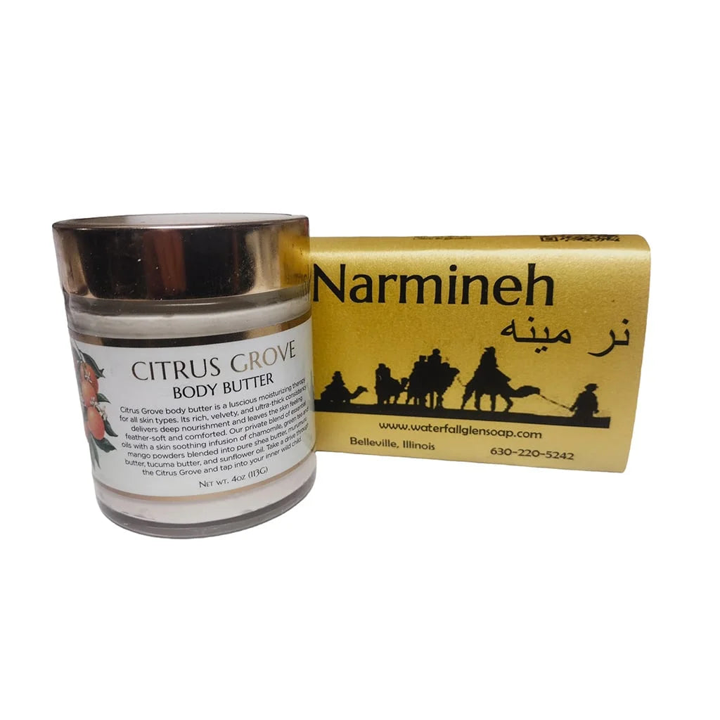 citrus grove body butter jar next to a narmineh bar soap with an yellow wrapper