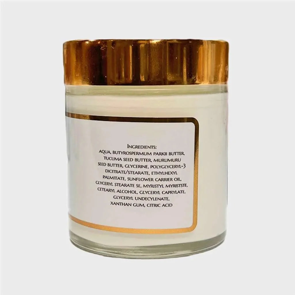 incognito body butter, small glass container, gold lid, white label, ingredient label