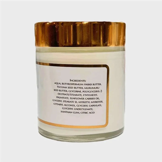 incognito body butter, small glass container, gold lid, white label, ingredient label