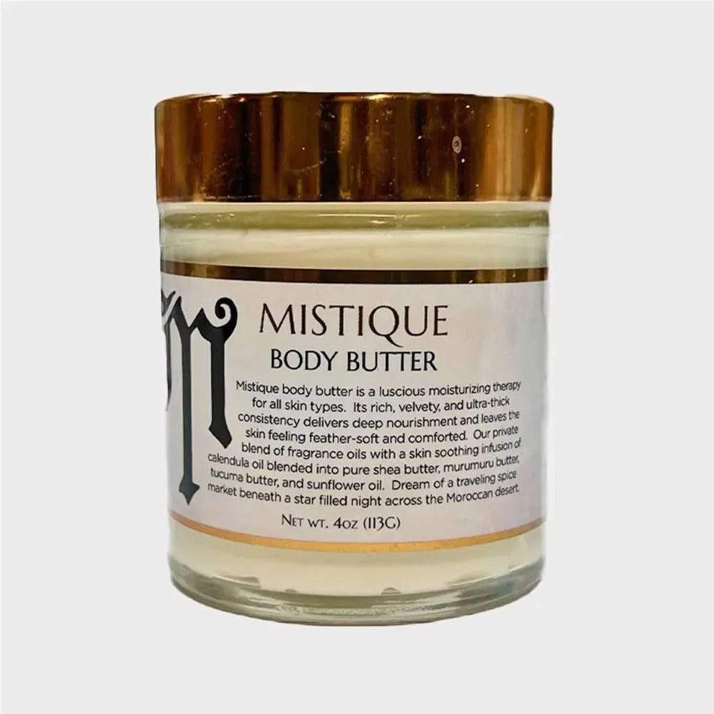 mistique body butter, small container, moisturizer, gold lid, white label