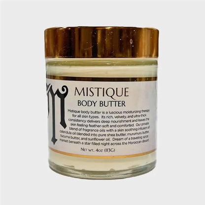 mistique body butter, small container, moisturizer, gold lid, white label