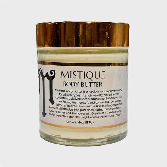 mistique body butter, small container, moisturizer, gold lid, white label