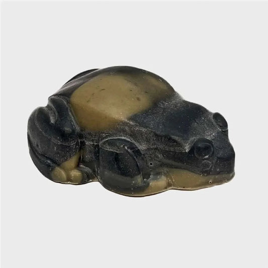 morgan the frog shaped vegan bar soap, black and green mixed color soap