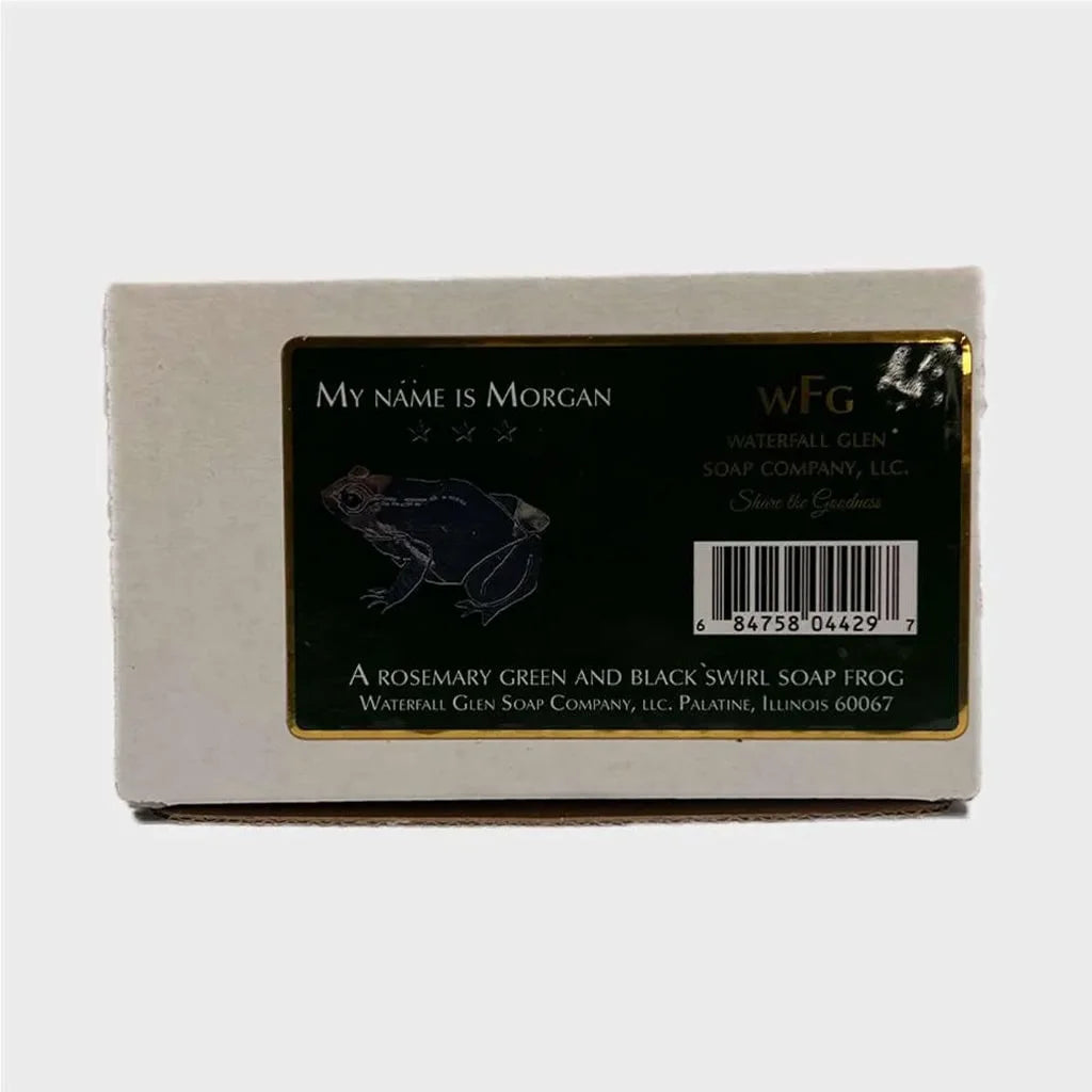 morgan the frog shaped vegan bar soap, black and green mixed color soaps packaging box