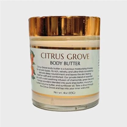 citrus grove body butter, small container, gold lid, white label