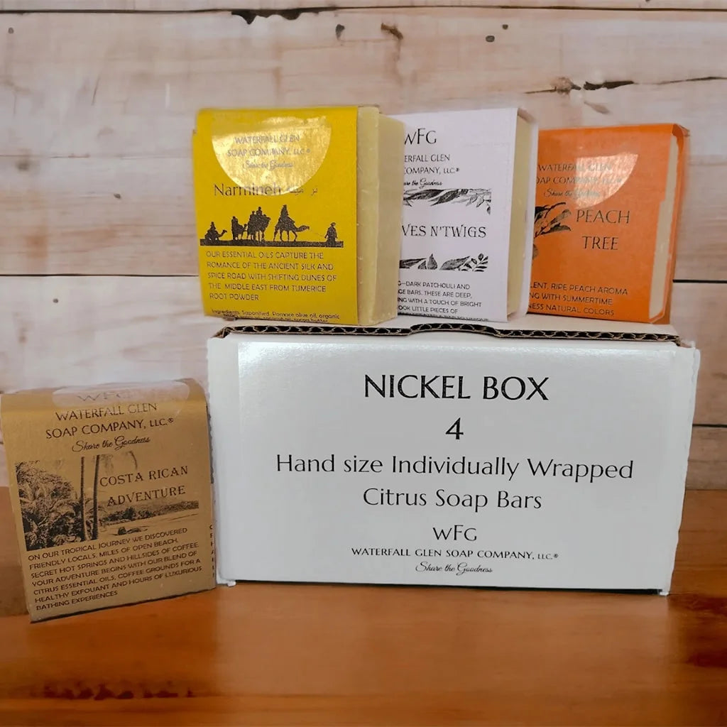 citrus scented nickel box of four bar soaps on top of the packaging container on a wooden table