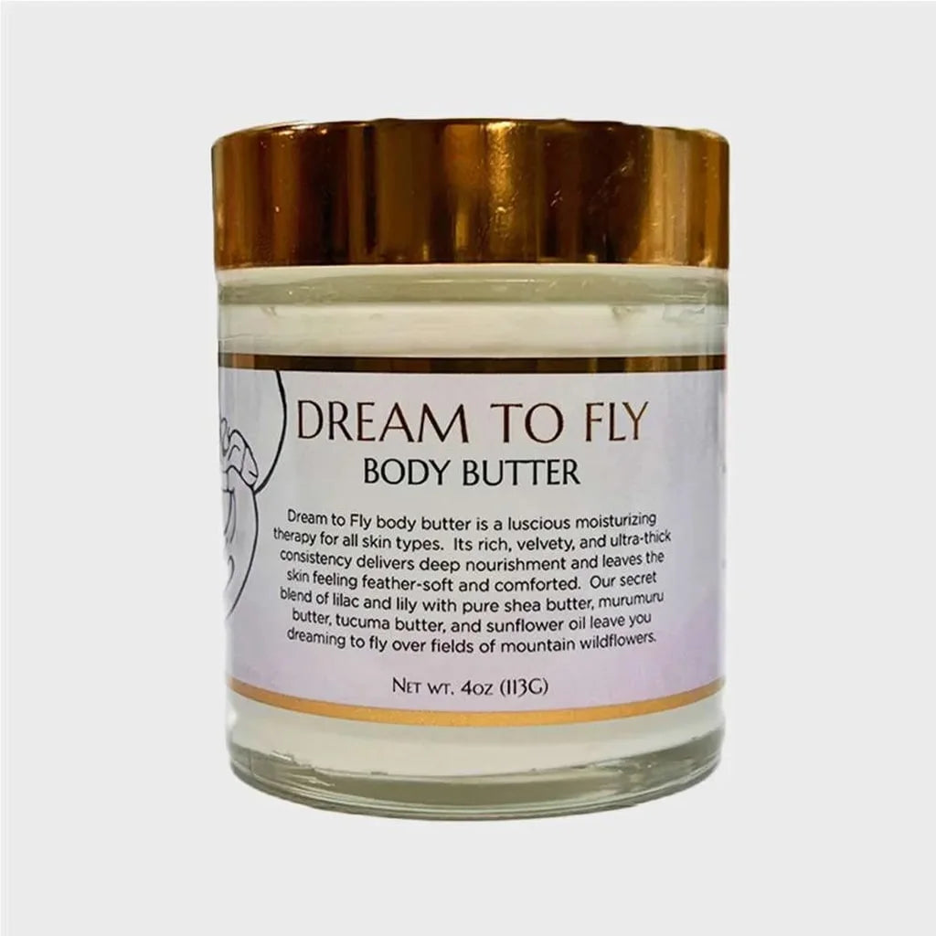 dream to fly body butter, small container, gold lid, white label