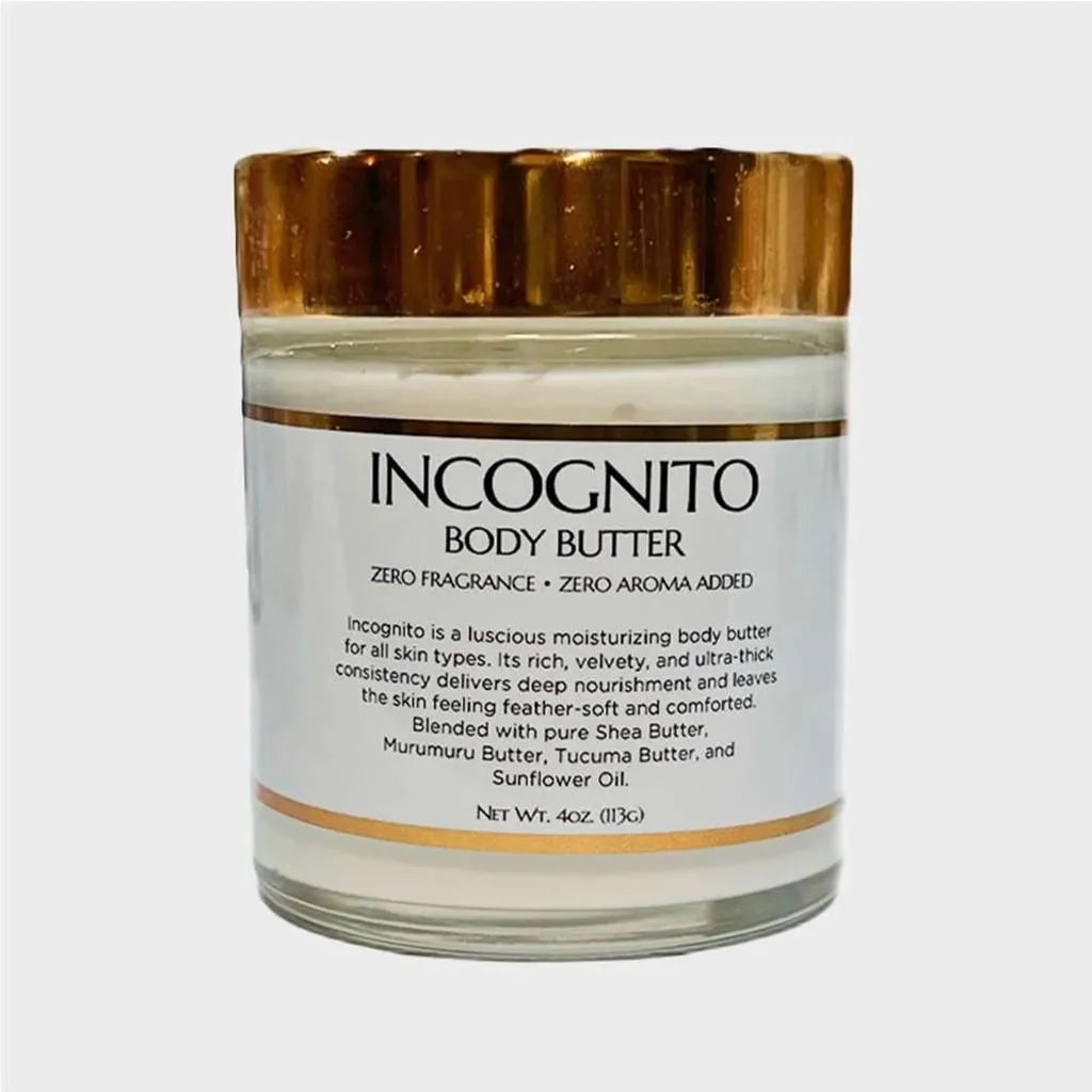 incognito body butter, small glass container, gold lid, white label