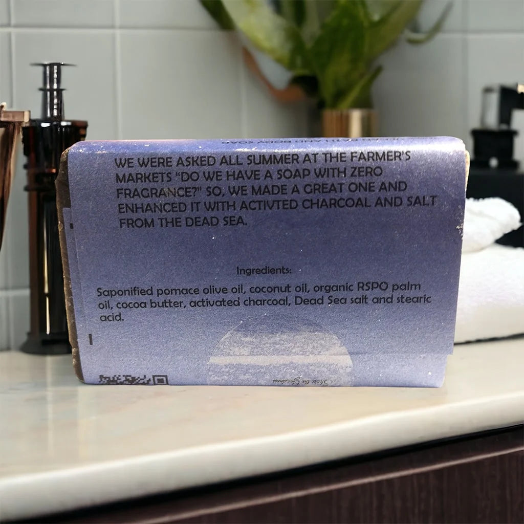 incognito noir vegan bar soap, blue label with sunglasses graphic, dark blue bar soap, back view, ingredients label