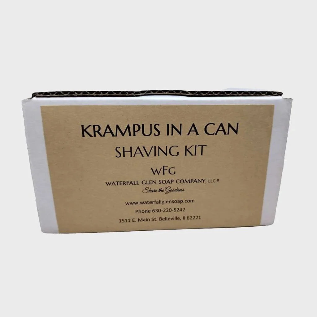 Krampus shave kit in a can beer shave kit, krampus kit box