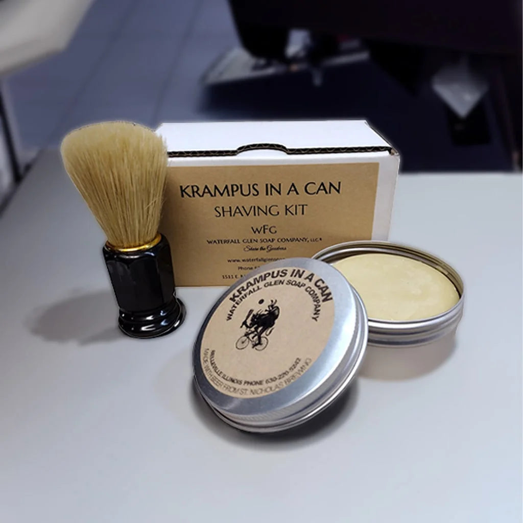 Krampus shave kit in a can beer shave kit, brush and soap