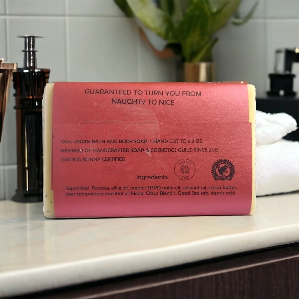 krampus wash vegan bar soap, red wrapper, back view, ingredients label
