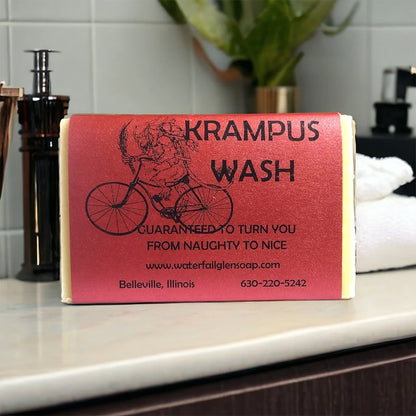 krampus wash vegan bar soap, red wrapper with a graphic of krampus on front