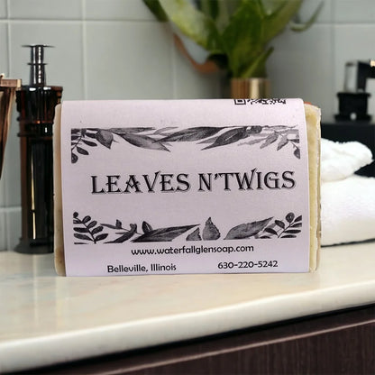 leaves n' twigs vegan bar soap, white wrapper with leaves on the edges