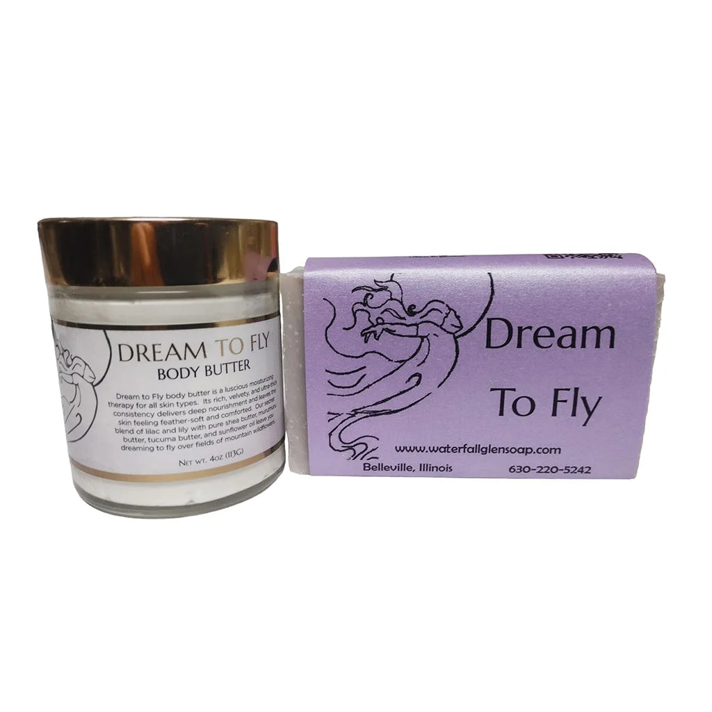 dream to fly body butter jar next to a dream to fly bar soap with an purple wrapper