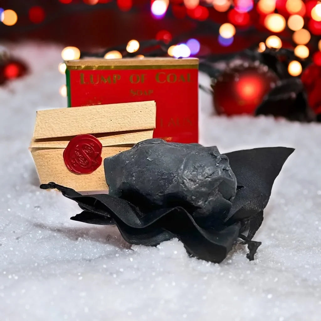 black lump of coal soap on a black soap bag, in front of a brown note from Santa with a wax seal. As well as a cardboard lump of coal packaging box in the background with a red wrapper and gold reflective lettering. The background is a blur of Christmas lights and the products are sitting on a pile of snow.