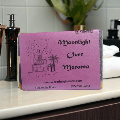 moonlight over morocco vegan bar soap, purple wrapper with a night sky and morocco home graphic