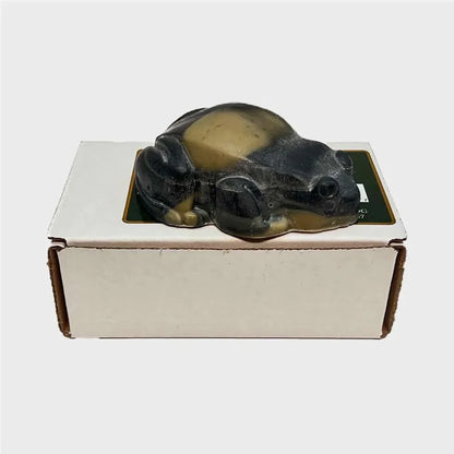 morgan the frog shaped vegan bar soap, black and green mixed color soap, and packaging box