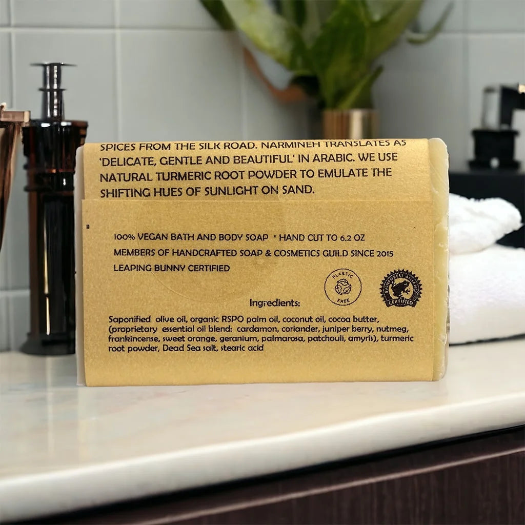 narmineh vegan bar soap, back view, ingredients label