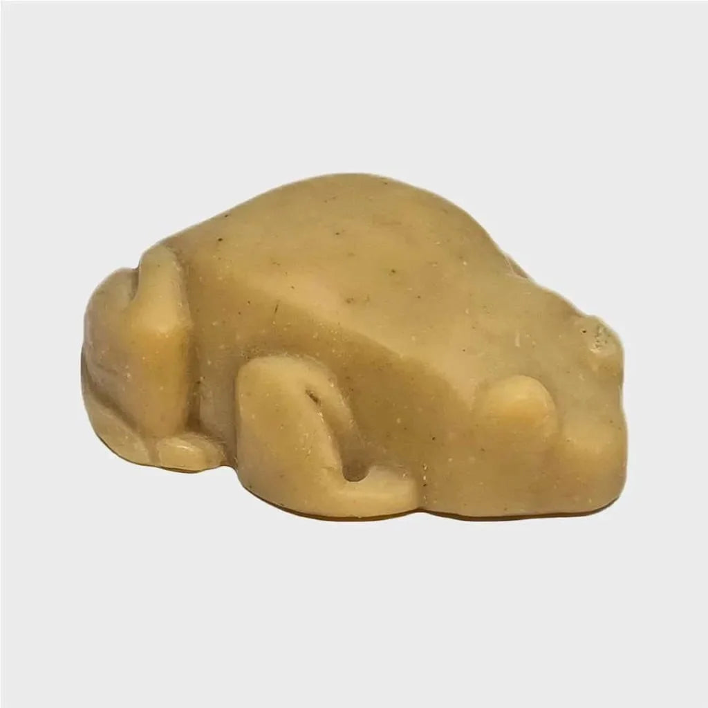 nathan the frog shaped vegan bar soap, dark yellow colored soap
