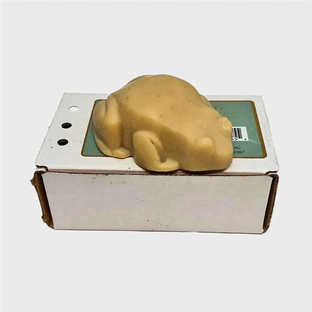 nathan the frog shaped vegan bar soap, dark yellow colored soap, and packaging box