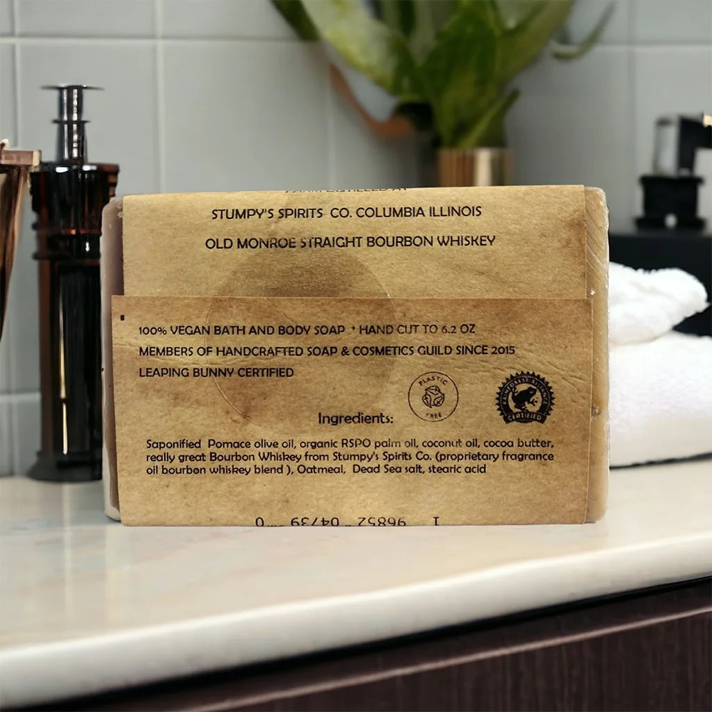 old monroe whiskey, bar soap and monroe whiskey graphic on a brown label, ingredients label