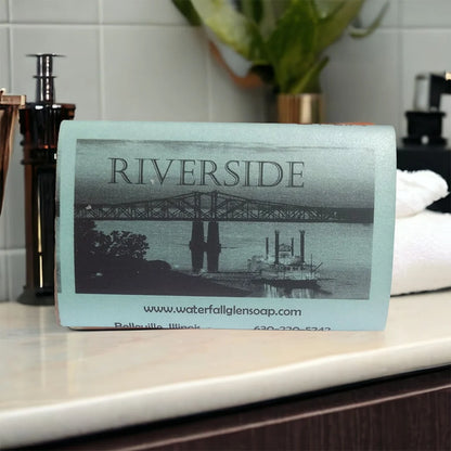 riverside vegan bar soap, light blue wrapper, with a graphic of a bridge