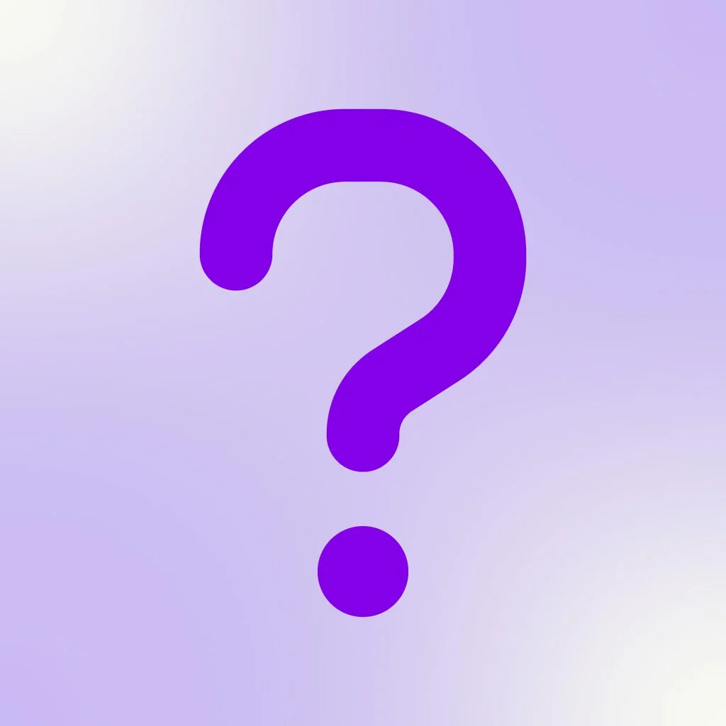 A purple question mark in front of a purple and white gradient background.