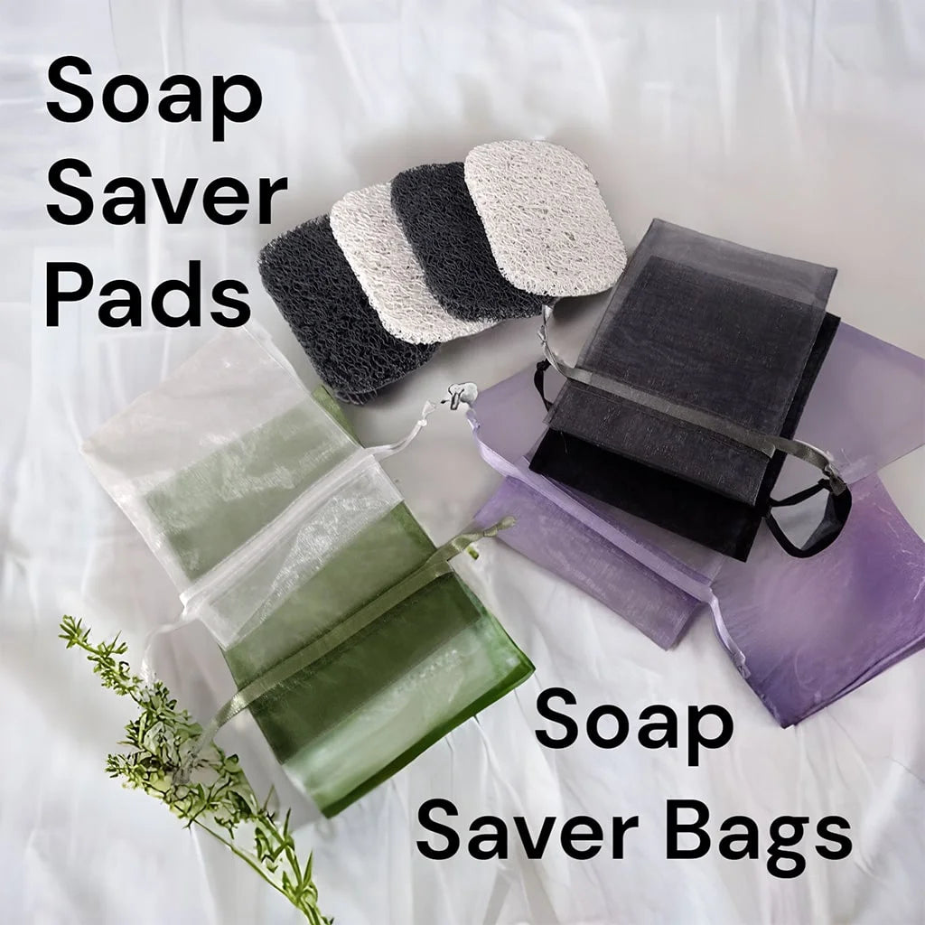 white, green, purple and black soap saver bags