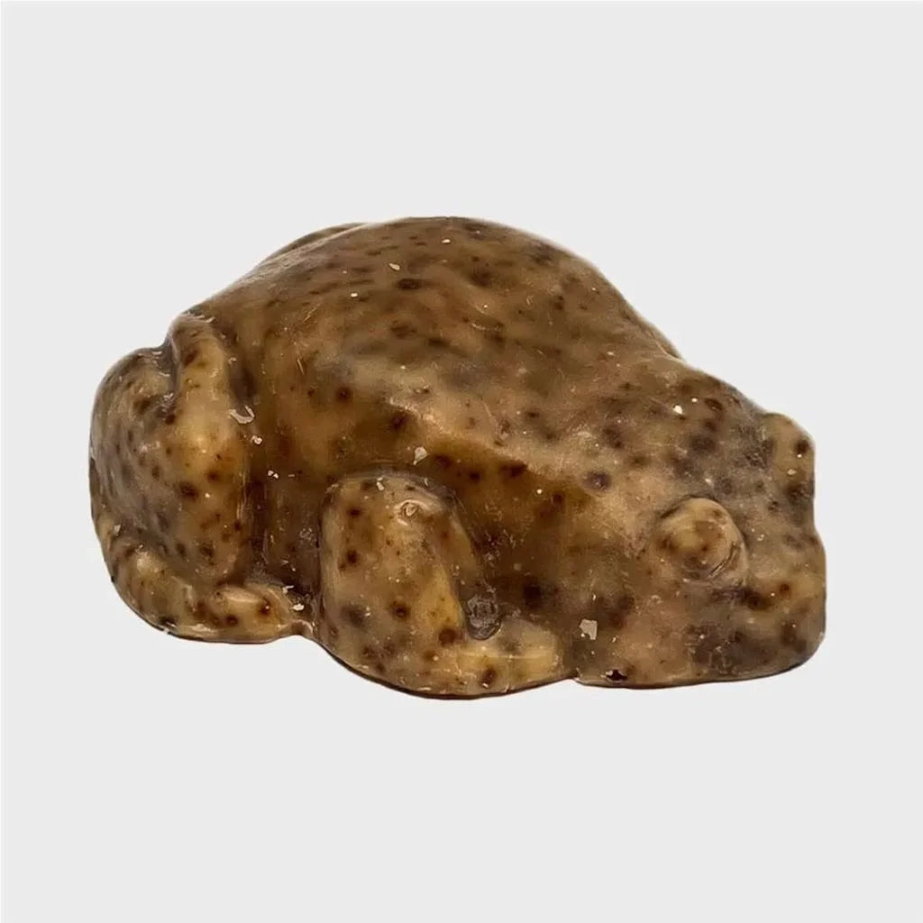 stephen the frog, frog shaped soap, brown with black dots