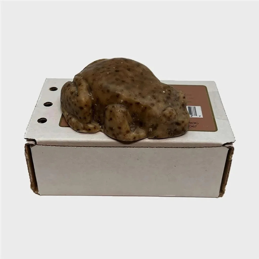 stephen the frog, frog shaped soap, brown with black dots, and shipping box
