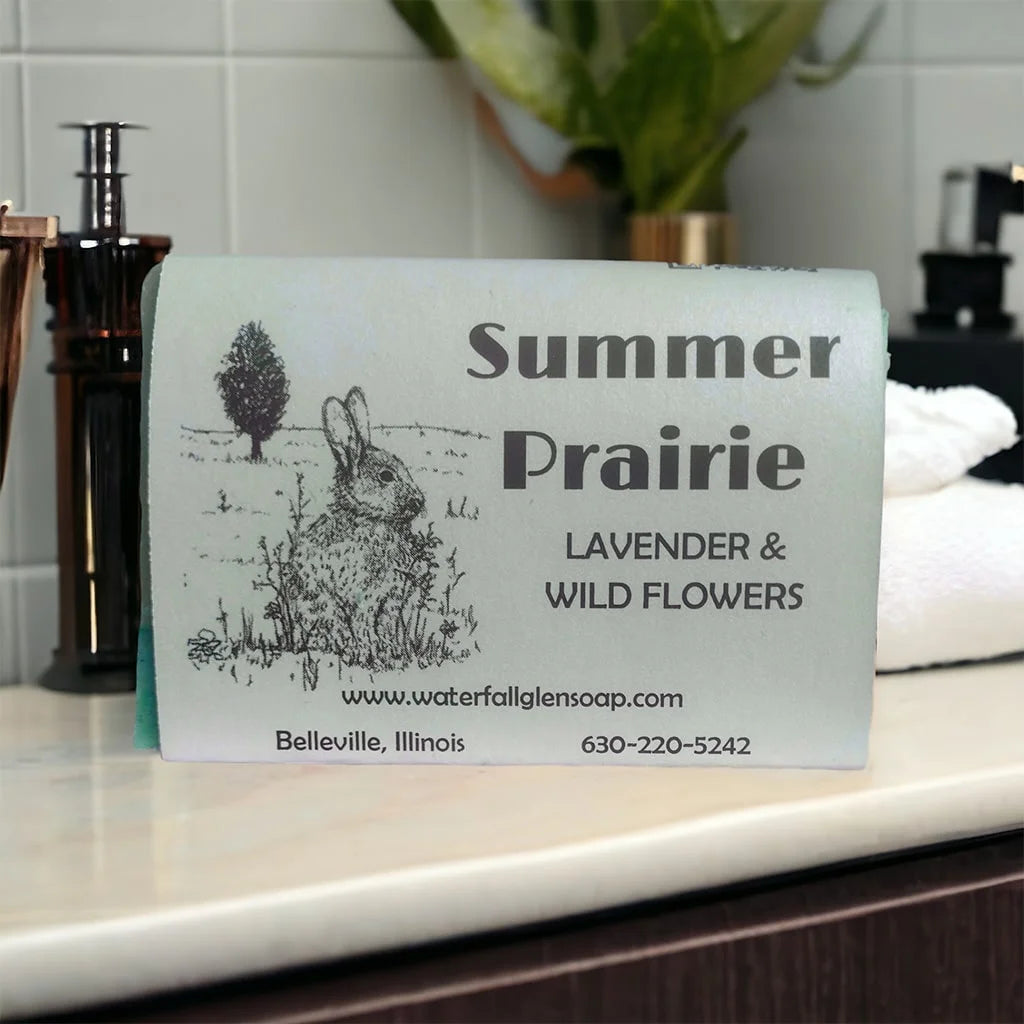 summer prairie bar soap, white wrapper, with a field of grass graphic