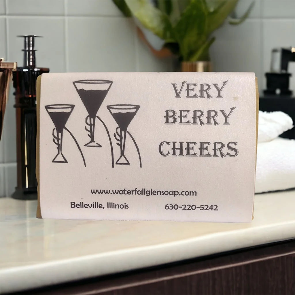 very berry cheers vegan bar soap, white label with graphics of alcohol glasses