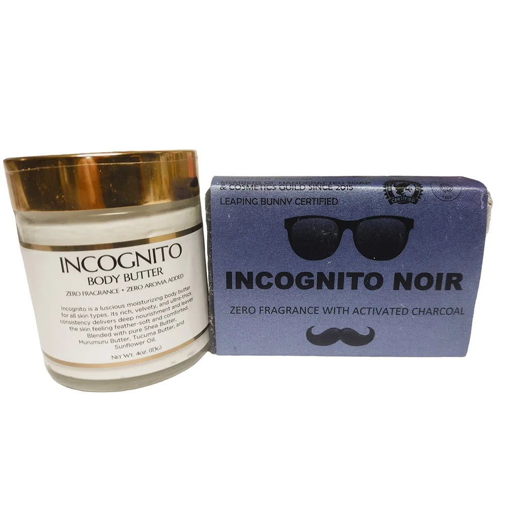 incognito body butter jar next to a incognito bar soap with a blue wrapper with a graphic of sunglasses